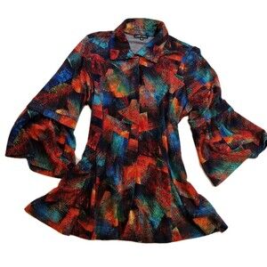 Boho Chic Sz Lg Peasant Top Button Up Bell Sleeves Multicolor Paintbrush Design